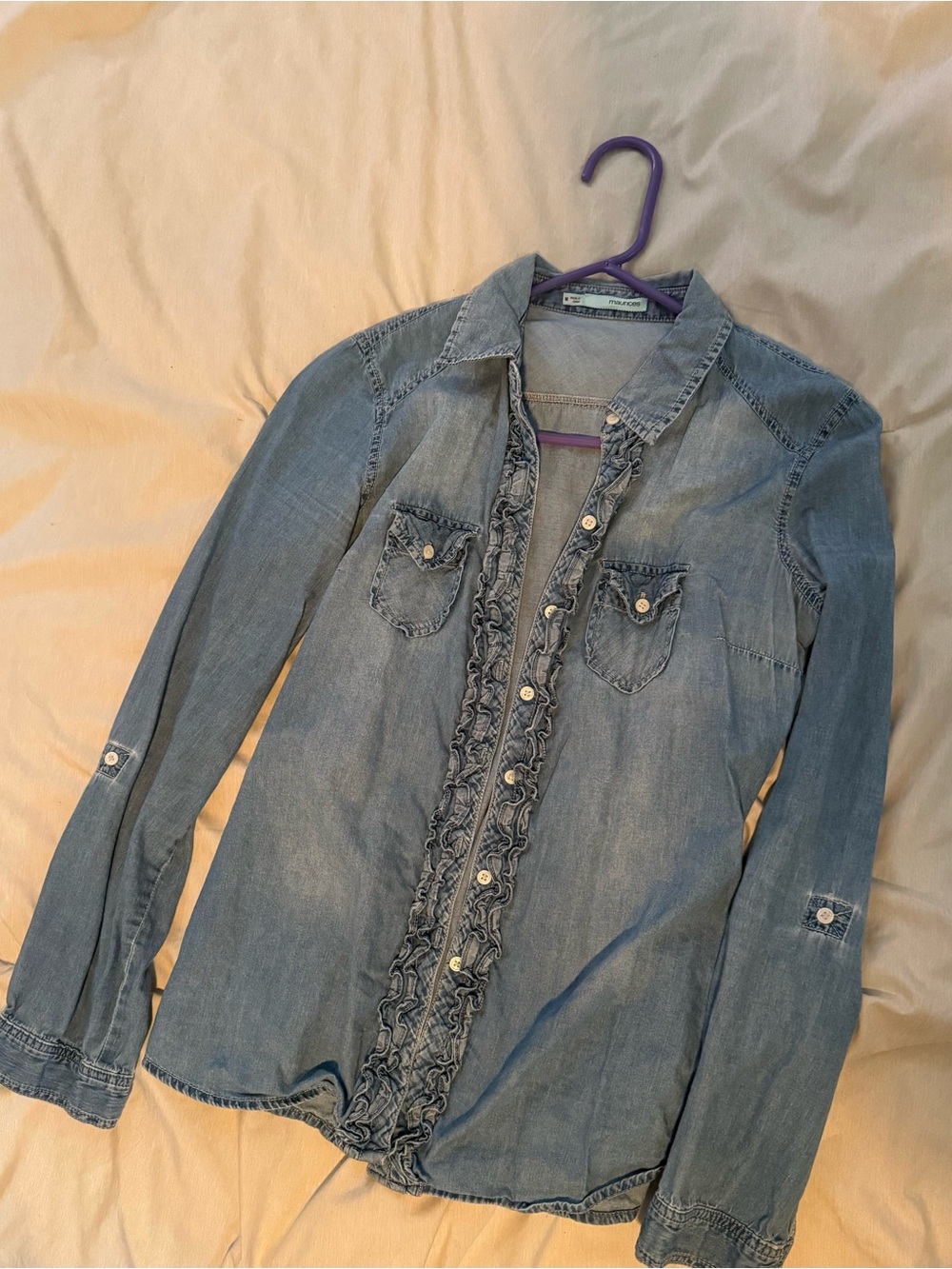 Denim Ruffle-Trim Button-Up Shirt - Light Blue